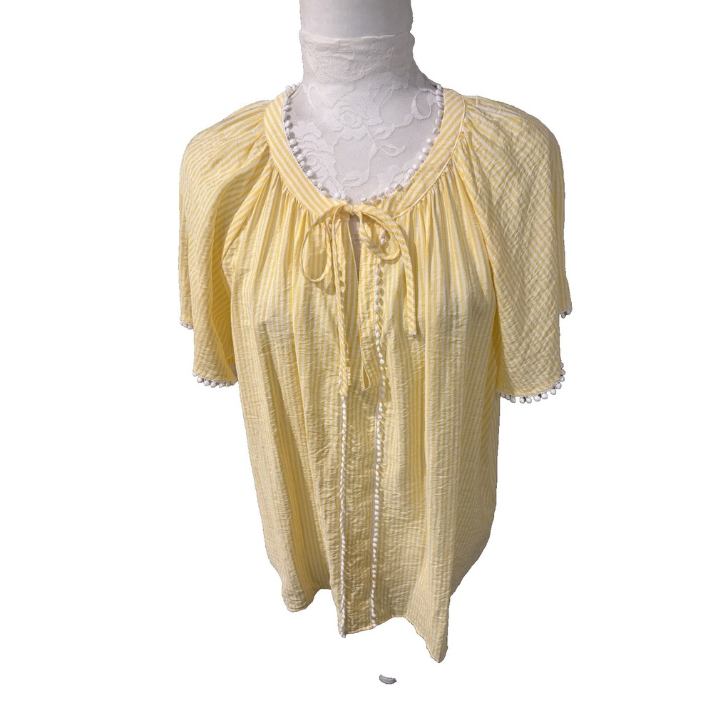 Torrid Yellow Gingham Peasant Blouse~L/XL~Short Slvs Pom Poms Cottagecore Preppy